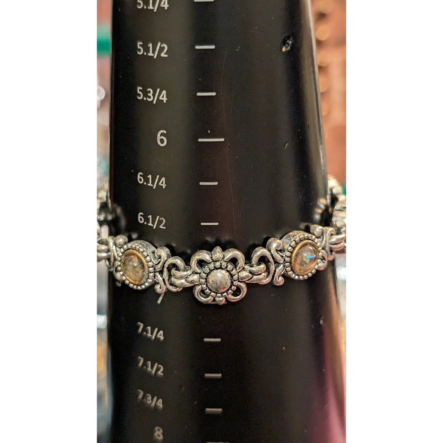 Silver Tone Yellow Opalescent Bead Station Flower Magnetic Closure Bracelet