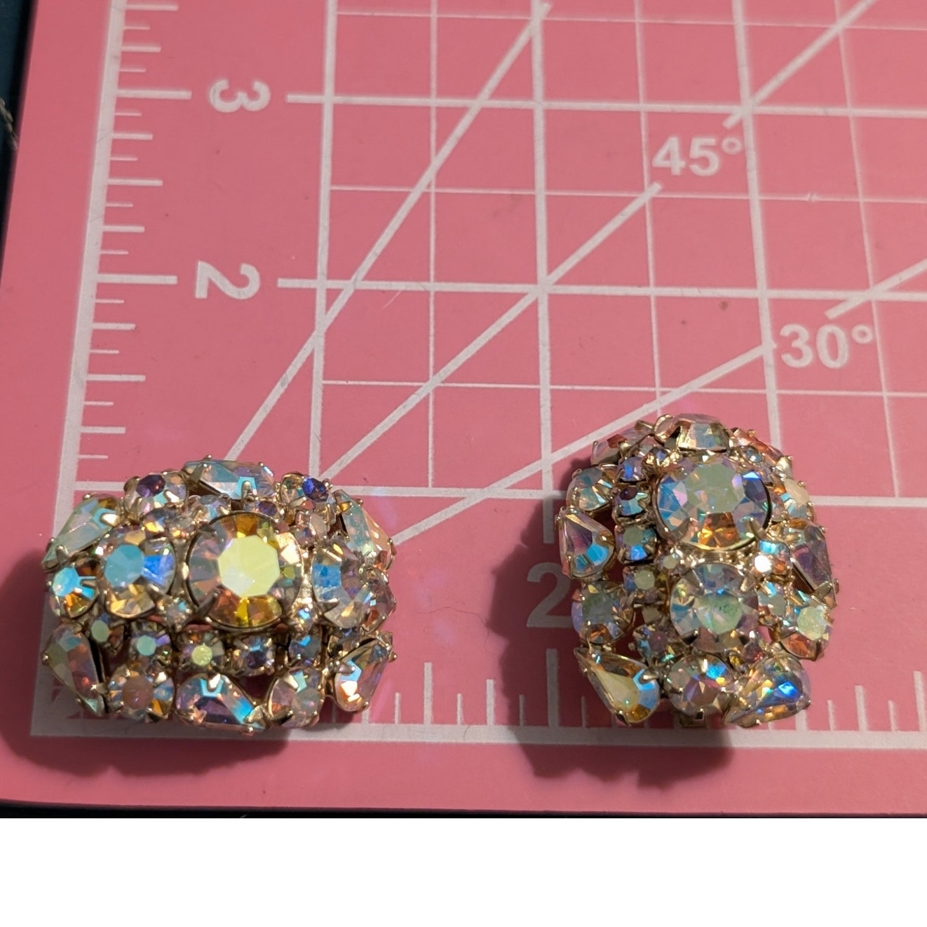Spectacular Vintage AB Rhinestone Crystal Gold Tone Statement Clip On Earrings