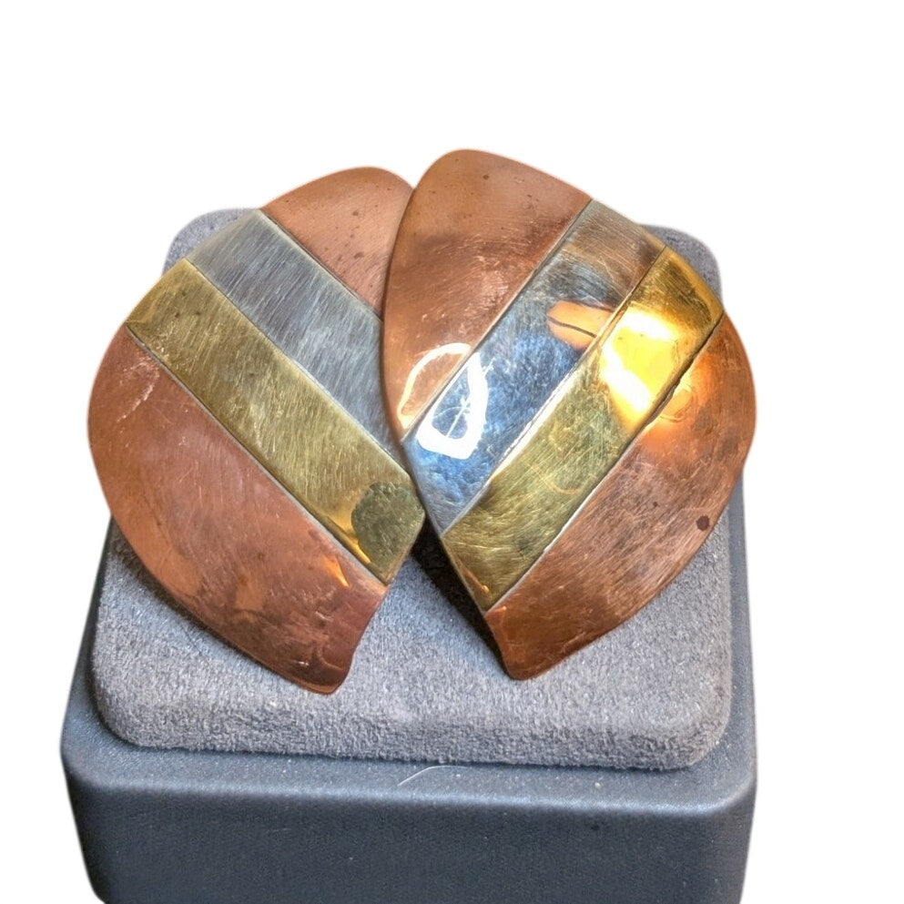 Vintage Bold Mixed Metal Inlay 'Striped' Post Earrings