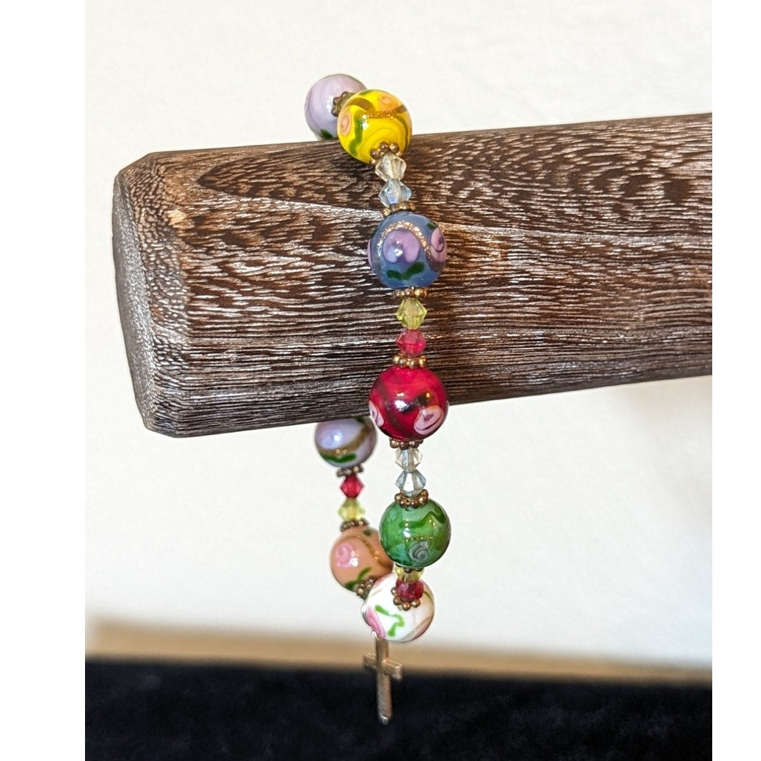 Floral Glass Bead Stretch Bracelet W/ Cross Charm Dangle