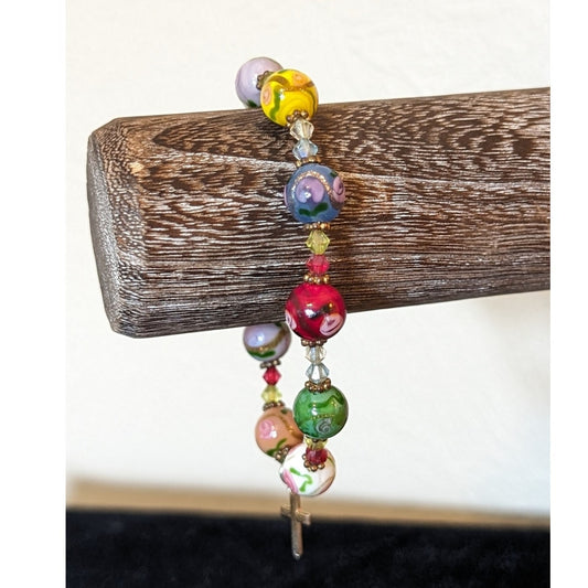Floral Glass Bead Stretch Bracelet W/ Cross Charm Dangle