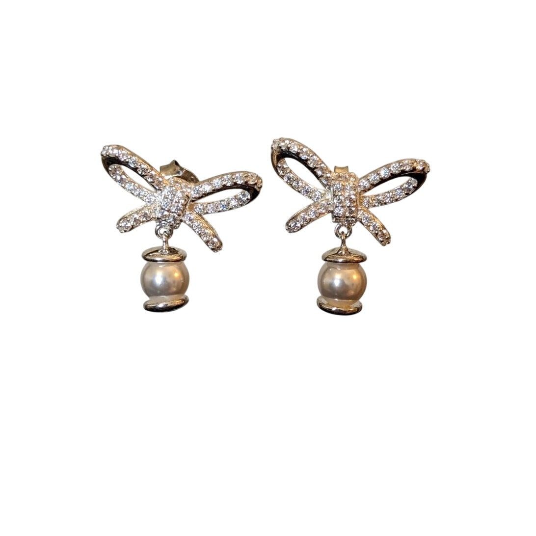 Marked 925 Sterling Silver Dangling Pearls Tied Up W/ A CZ Bow