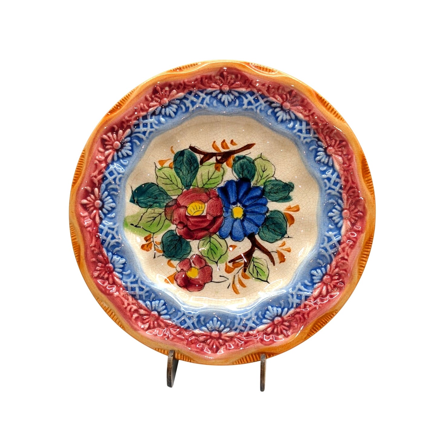 Vintage Majolica Style 1950s Hand-Painted Japanese Floral Plate