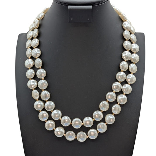 Vintage Double Strand Flat Faux Pearl Gold Tone Bead Fancy Clasp 24" Necklace