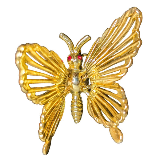Vintage Gold Tone Butterfly W/ Spring Fluttering Wings & Red Crystal Eyes Brooch