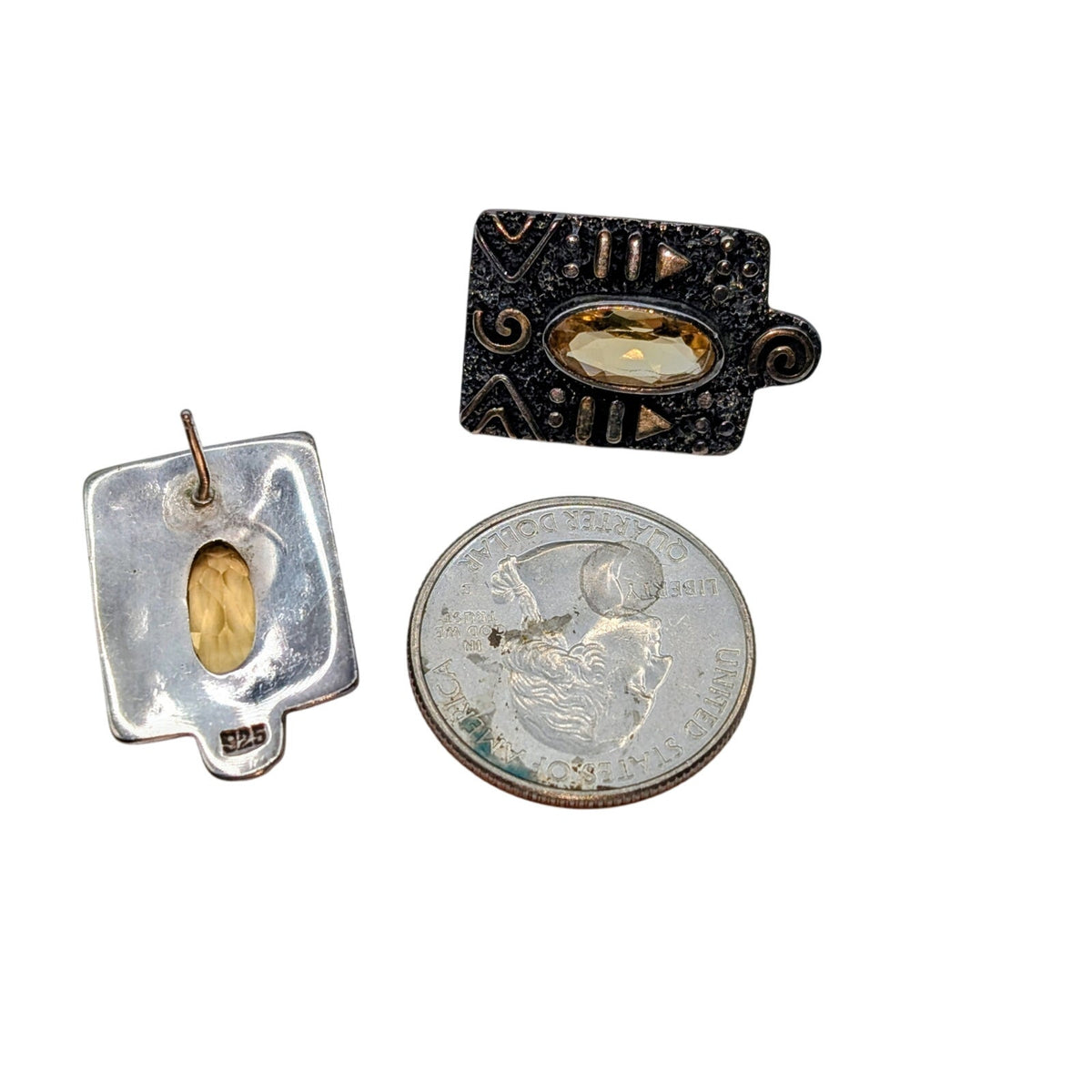 925 Oxidized Sterling Silver Citrine Aztec Designs Two Tone Post Earrings