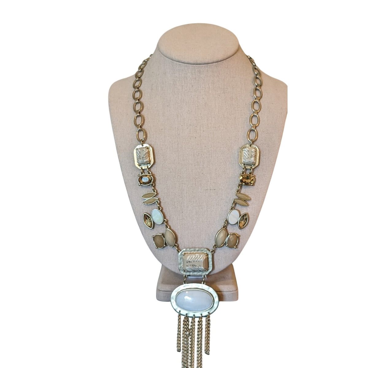 Vintage Signed Chico's Neutral Chunky Chain, Stone Fringe Statement Necklace