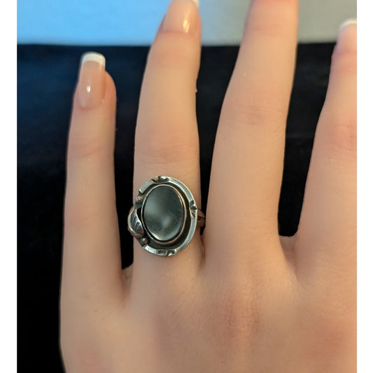 Vintage Signed GF15 Sterling Mexico Black Stone Native American Ring Size 6.5