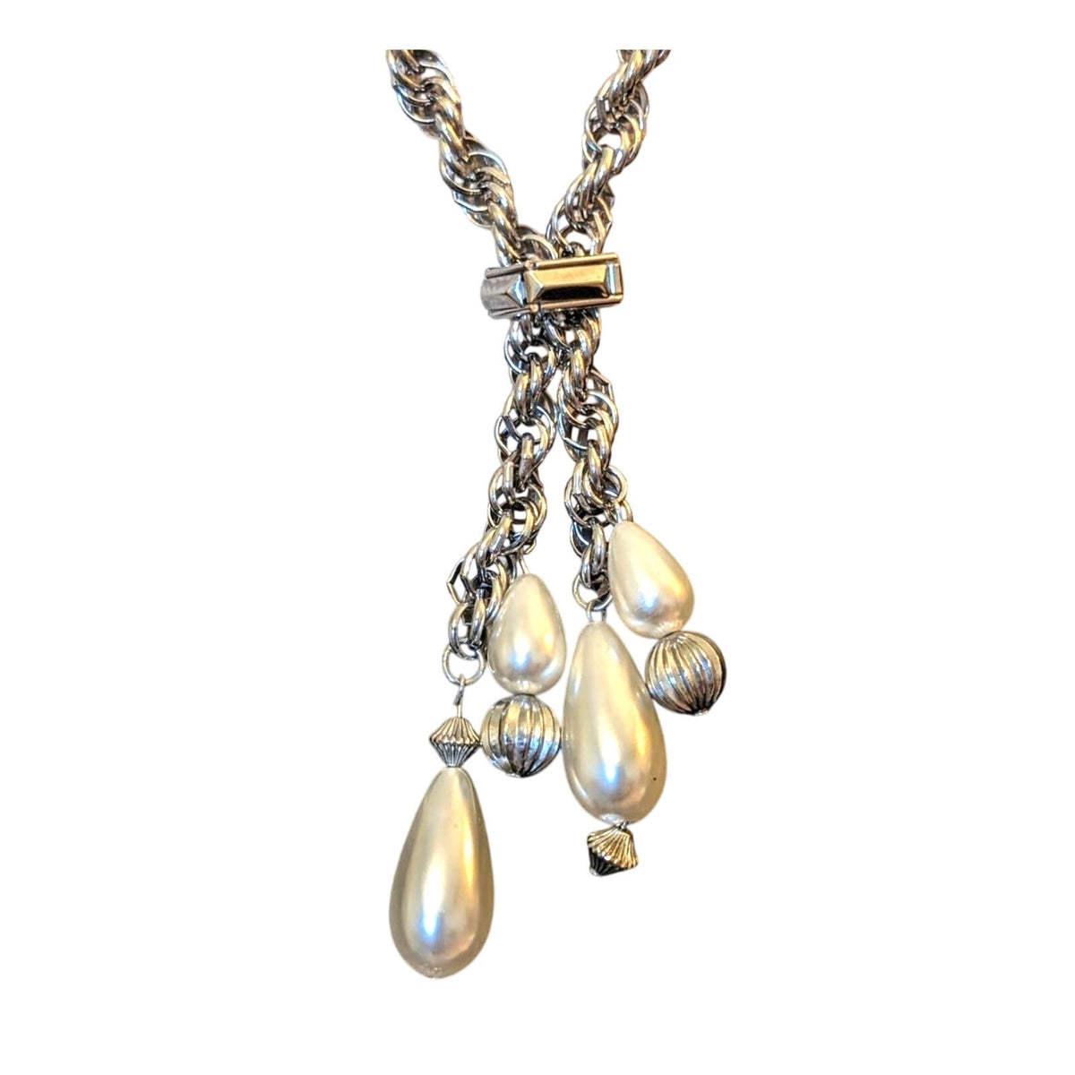 Vintage Silver Tone Thick Rope Lariat Pearl Tassel Necklace