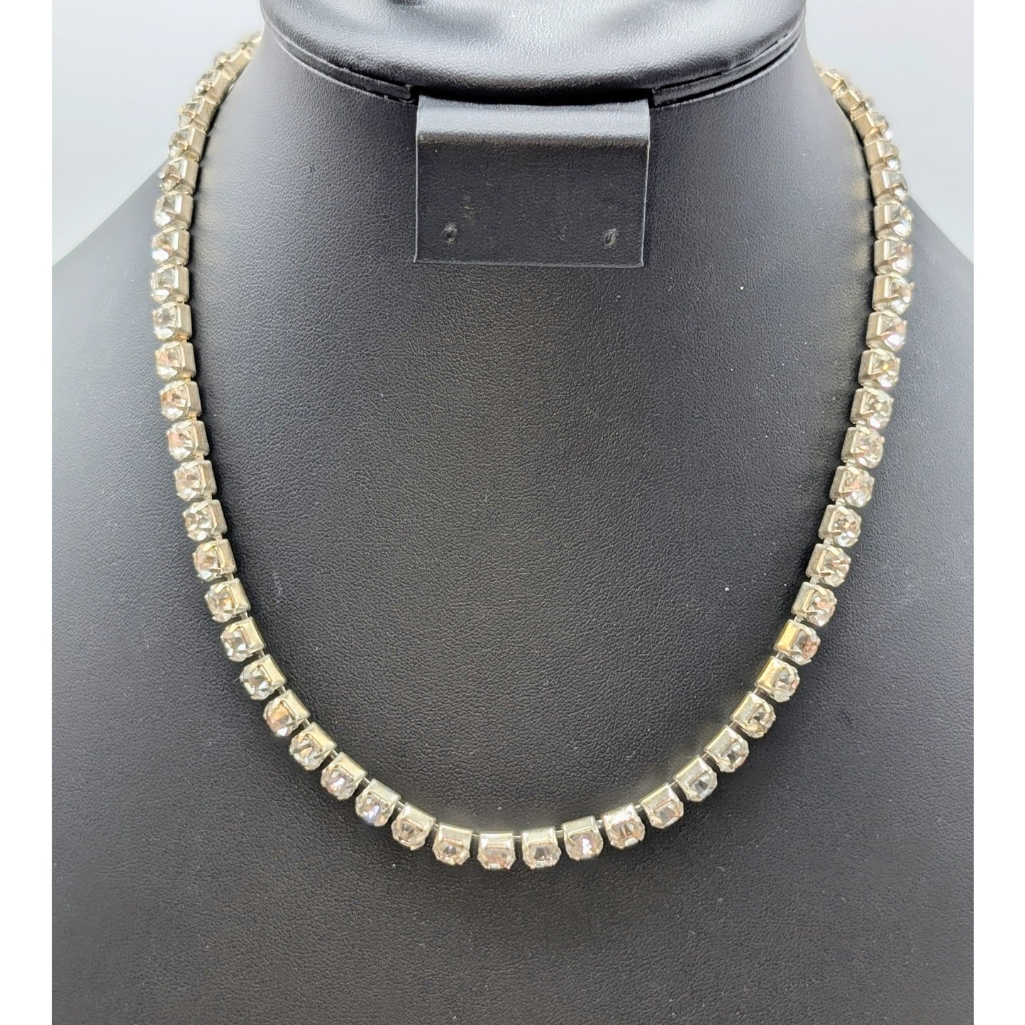 Vtg 6mm All Rhinestone Single Strand Fold Over Clasp Silver Tone 18" Necklace