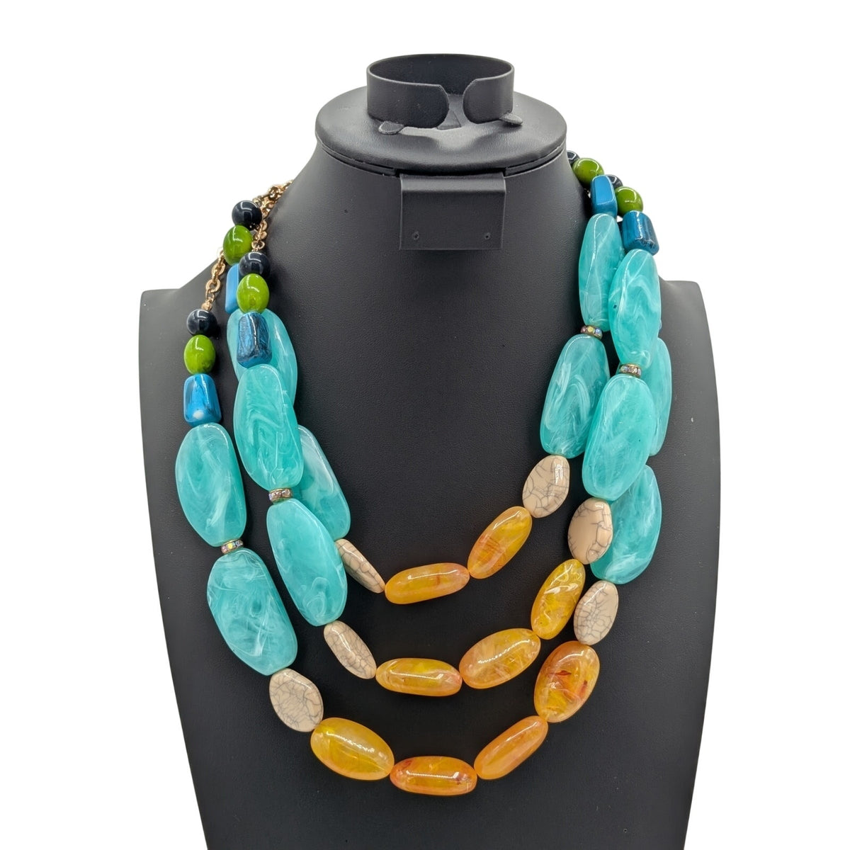 Large Chunky Spring Colors Lucite Three Strand Statement Necklace