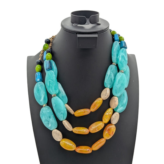 Large Chunky Spring Colors Lucite Three Strand Statement Necklace