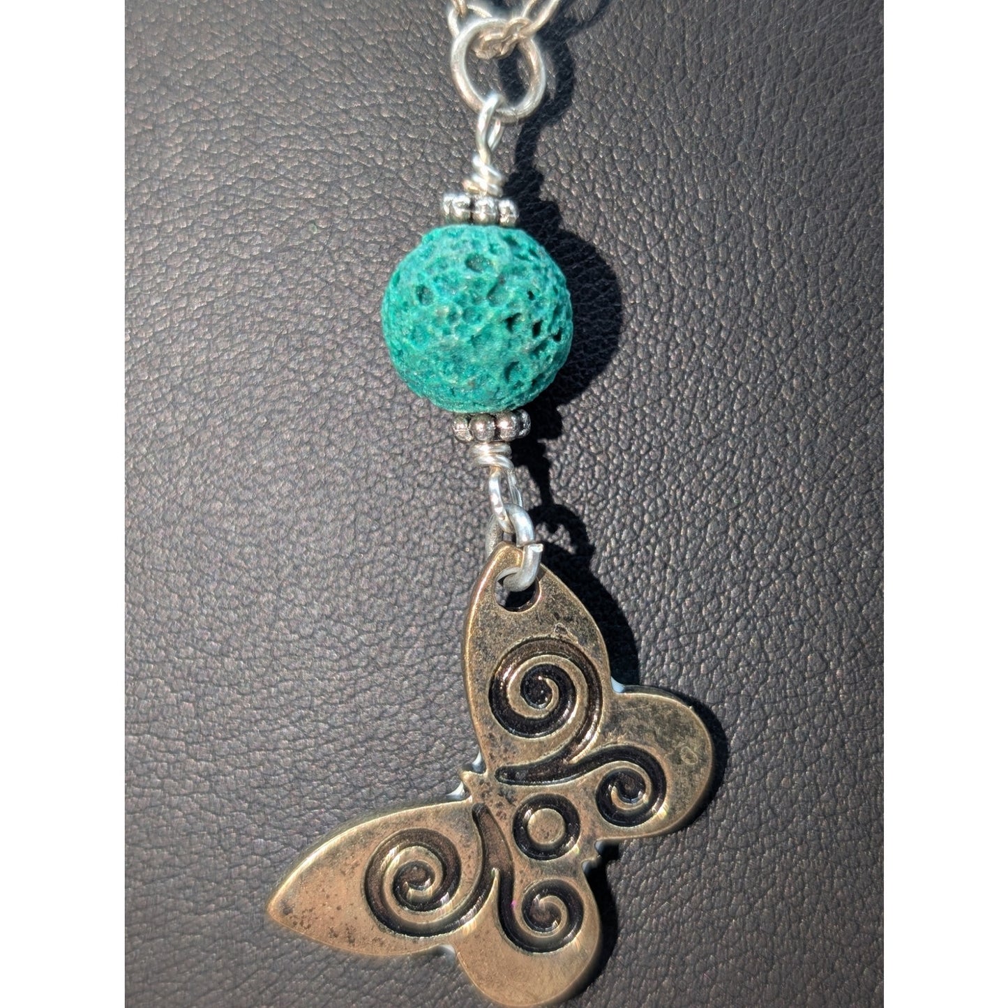 Silver Tone Teal Aromatherapy Butterfly Lava Stone 20" Necklace