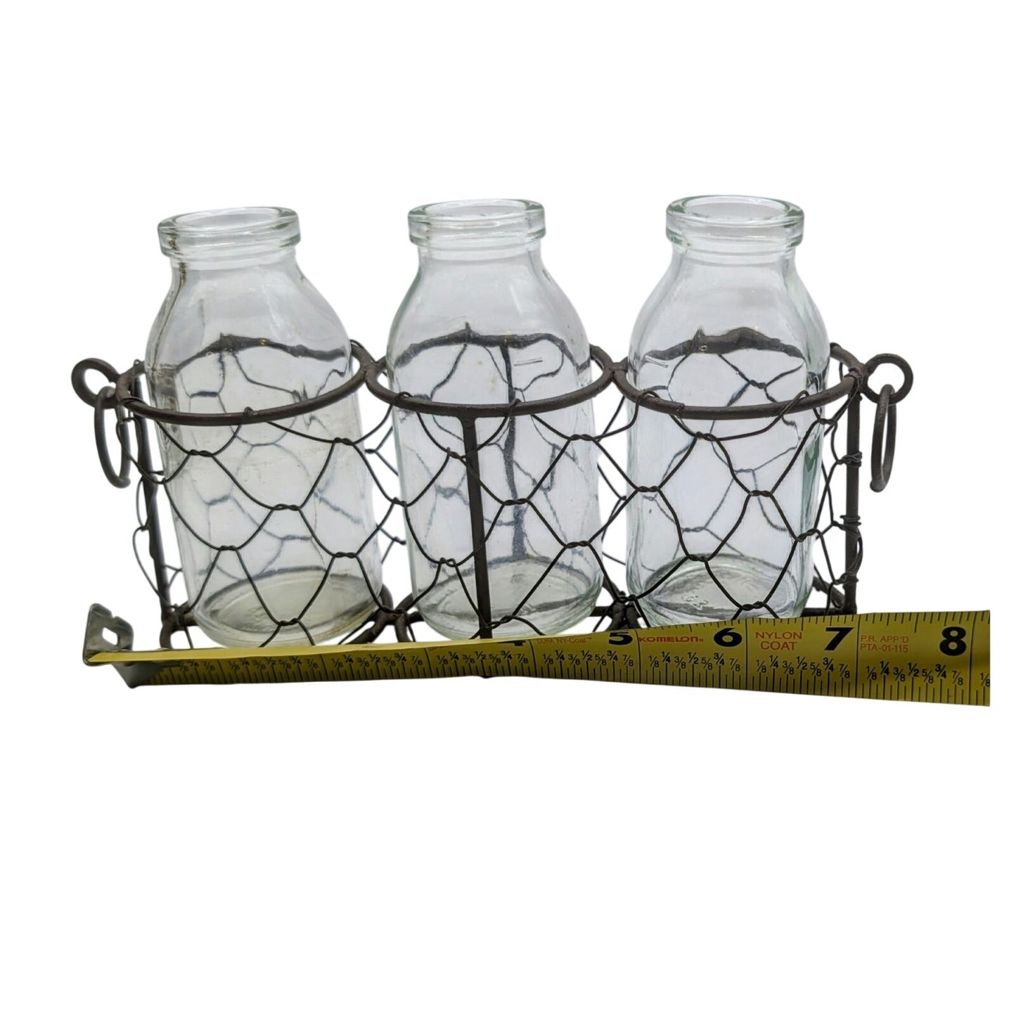 Rustic Metal Chickenwire Caddy W/ Three Clear Bud Vases
