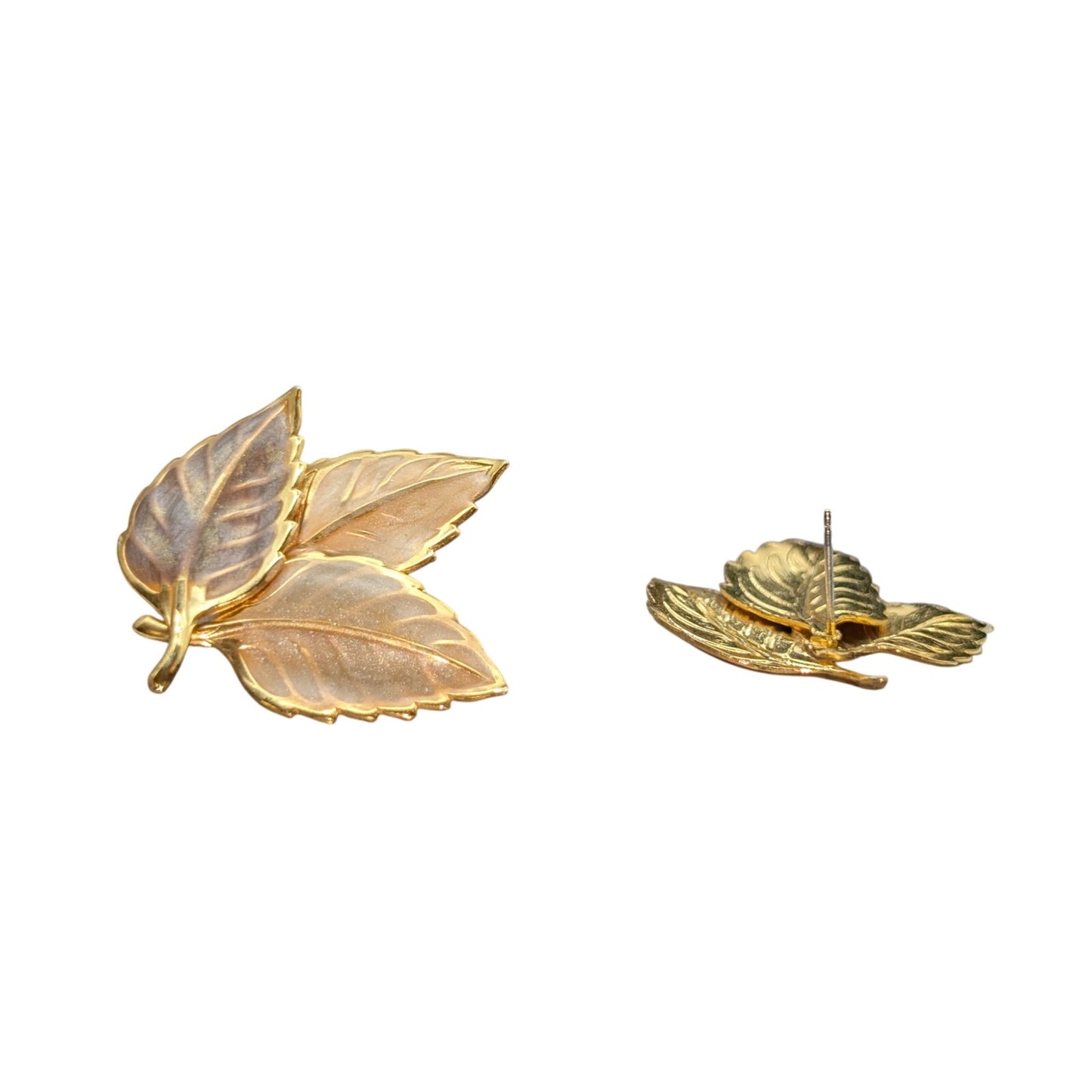 Gold Tone Metal & Neutral Painted Autumn Leaves Brooch & Pierced Earring Set
