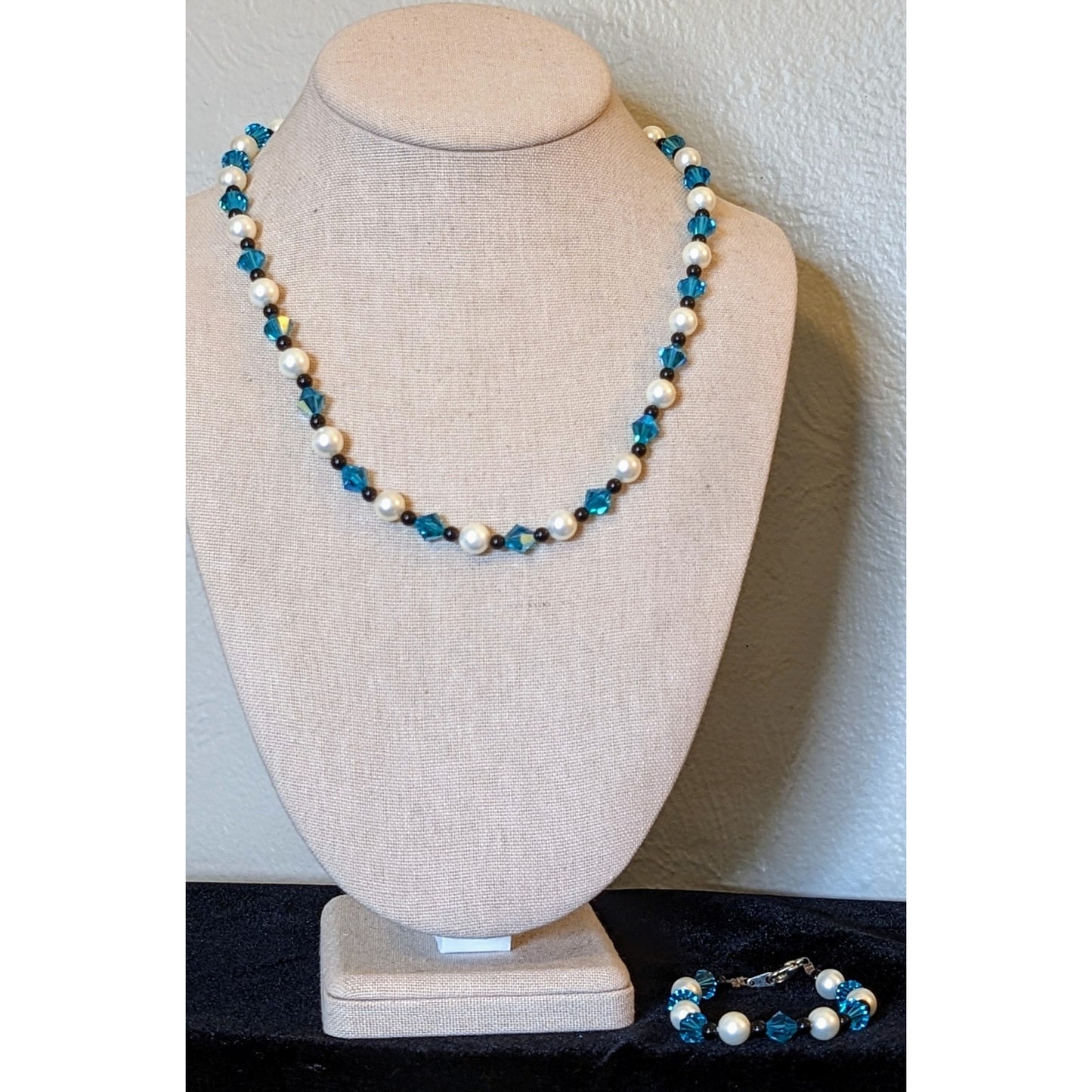 Blue Crystal Bicone, Black Glass & Pearl Bead Necklace & Bracelet Set