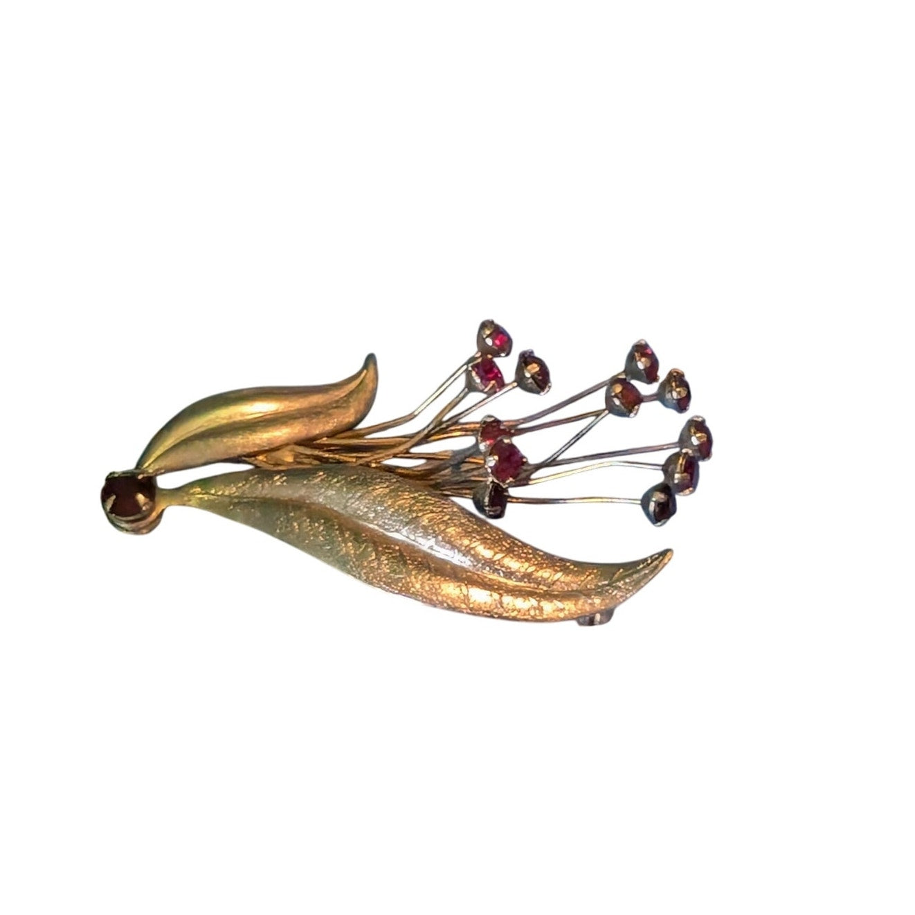 Vintage Garnet Rhinestone Spray of Wire Flowers & Leaves Silver Tone Brooch