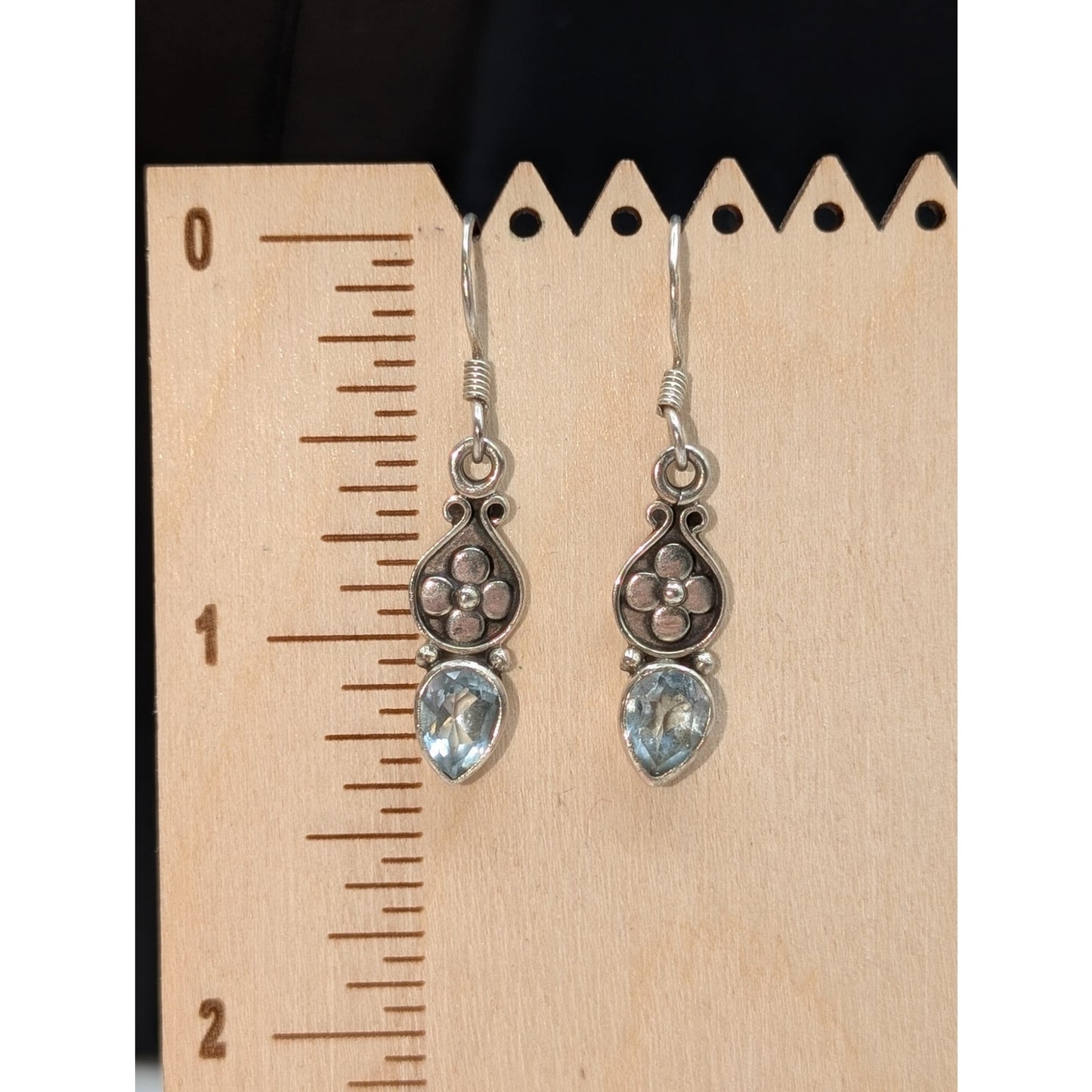 Vintage 925 Sterling Silver Blue Topaz Dangle Flower Earrings