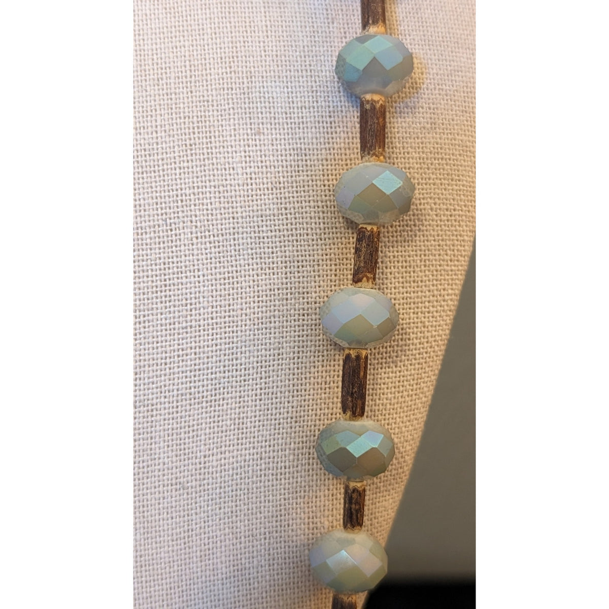 Plunder Designs Wood Smokey Blue Faceted Glass Crystal Bead Long Strand Necklace