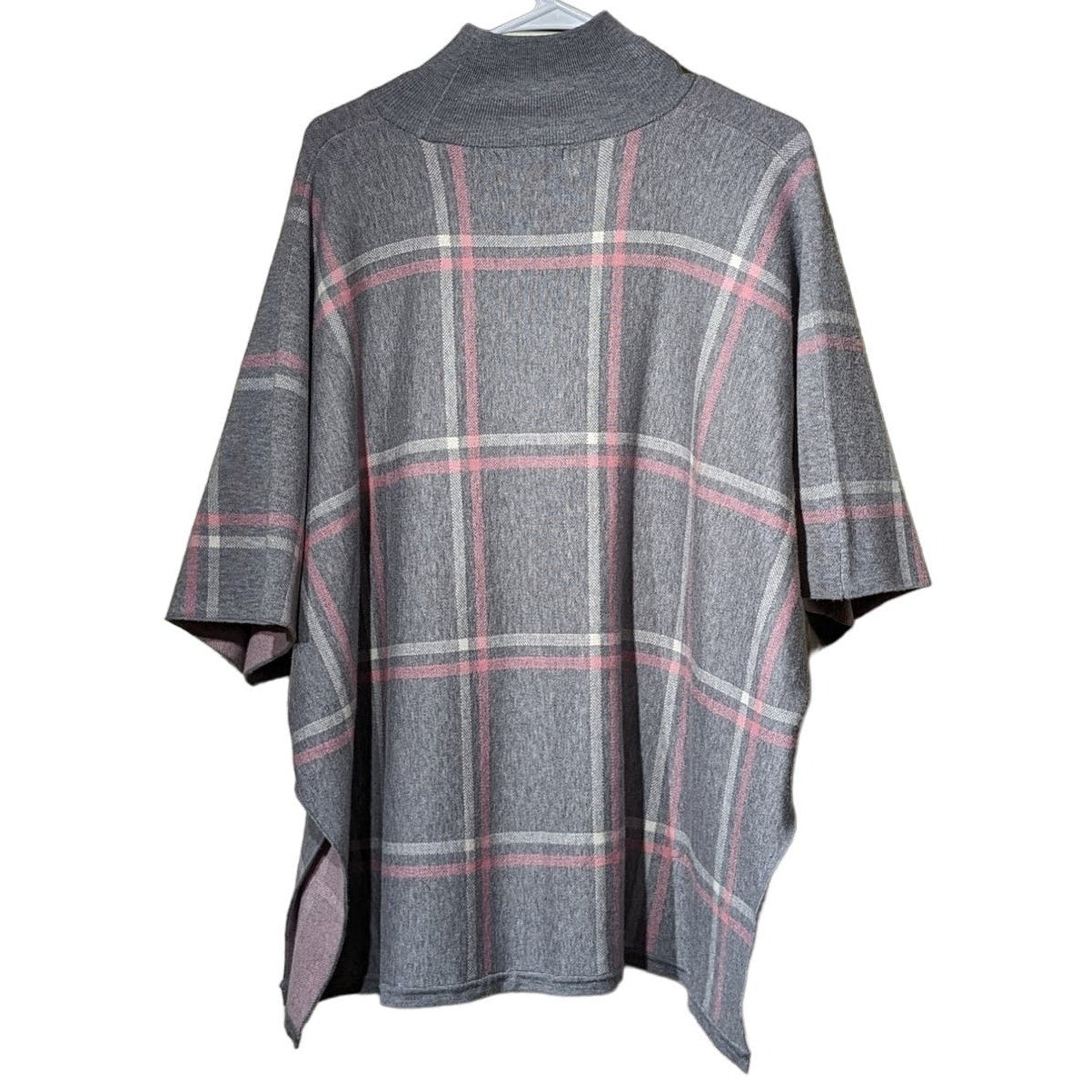 Max Studio Gray Pink Plaid Mock Turtleneck Pullover Knit Womens One Size Poncho