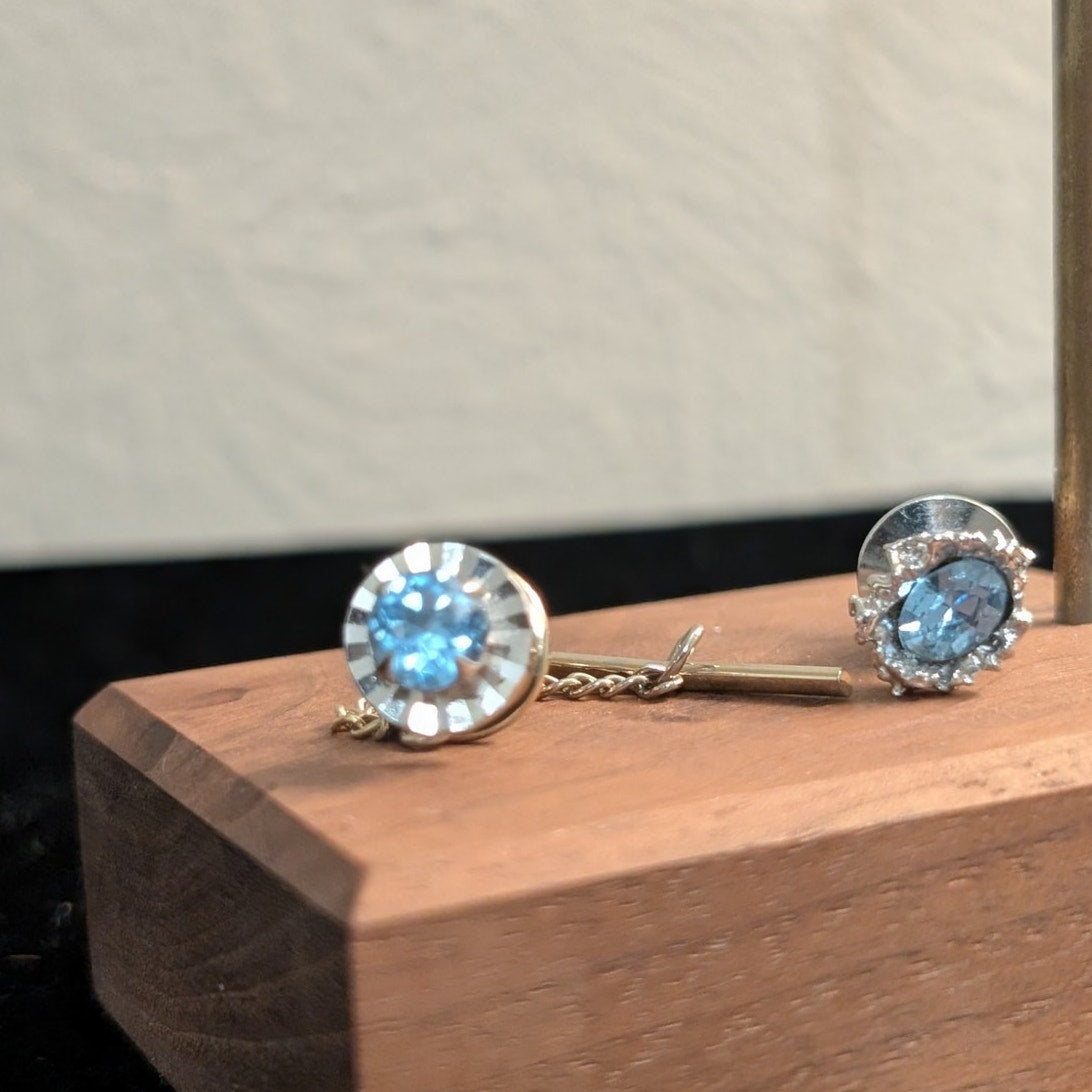 Two Blue Crystal Silvertone Tie Tacks (One by Swank)