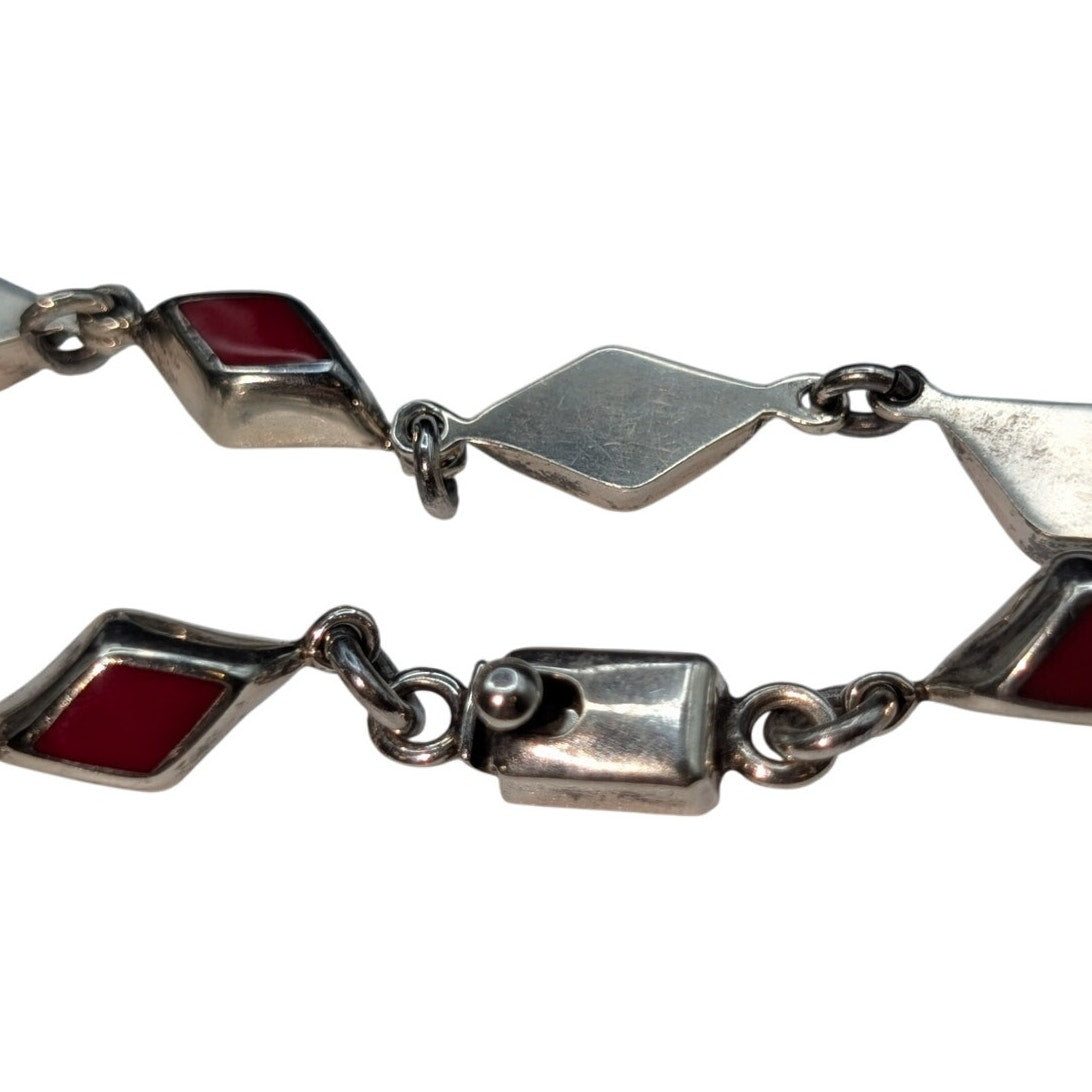 925 Sterling Silver Mexico Red Coral Inlay Diamond Shape Link Box Clasp Bracelet