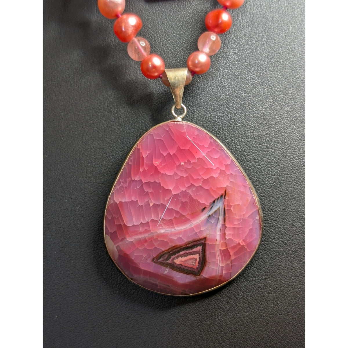 Double Strand Multi-Color Pearl Fuchsia Pink Rhodochrosite Pendant Necklace
