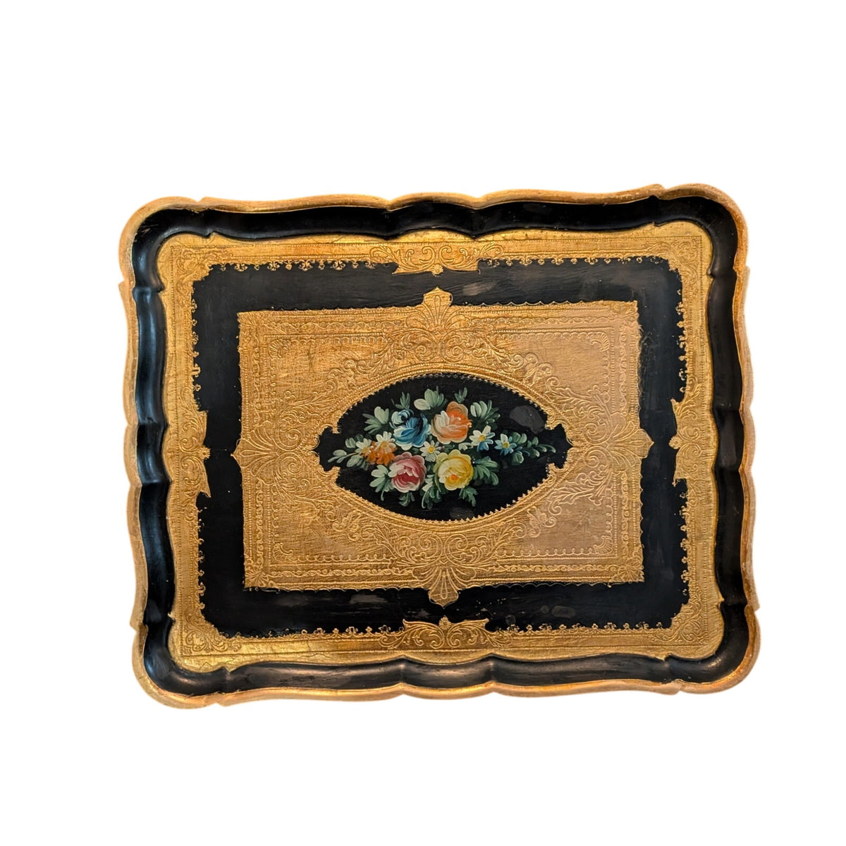 Vintage Italian Florentine Hand Painted Gold and Black Floral 18 X 15 Wood Tray