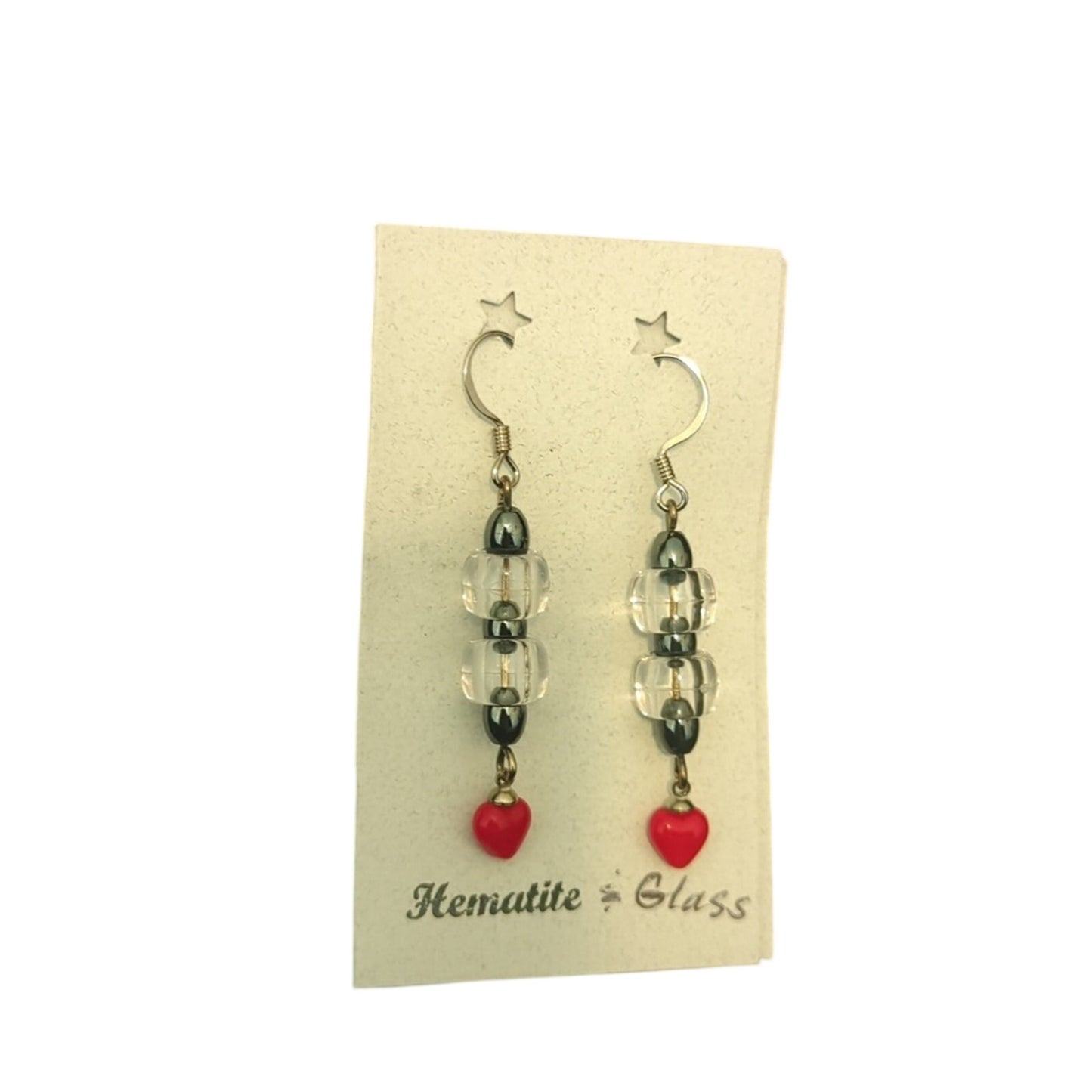 Handmade Hematite & Glass Bead Heart Dangle French Wire Earrings