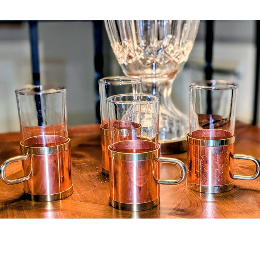 Set of Four Unmarked Beucler Vintage Copper & Brass Cork-Lined Irish Coffee Mugs