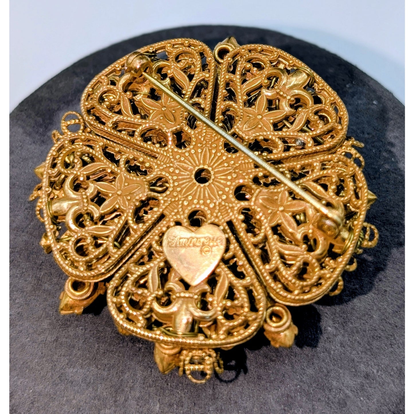 Vintage Signed Amourelle Frank Hess Jeweled Lacy Filigree Brooch
