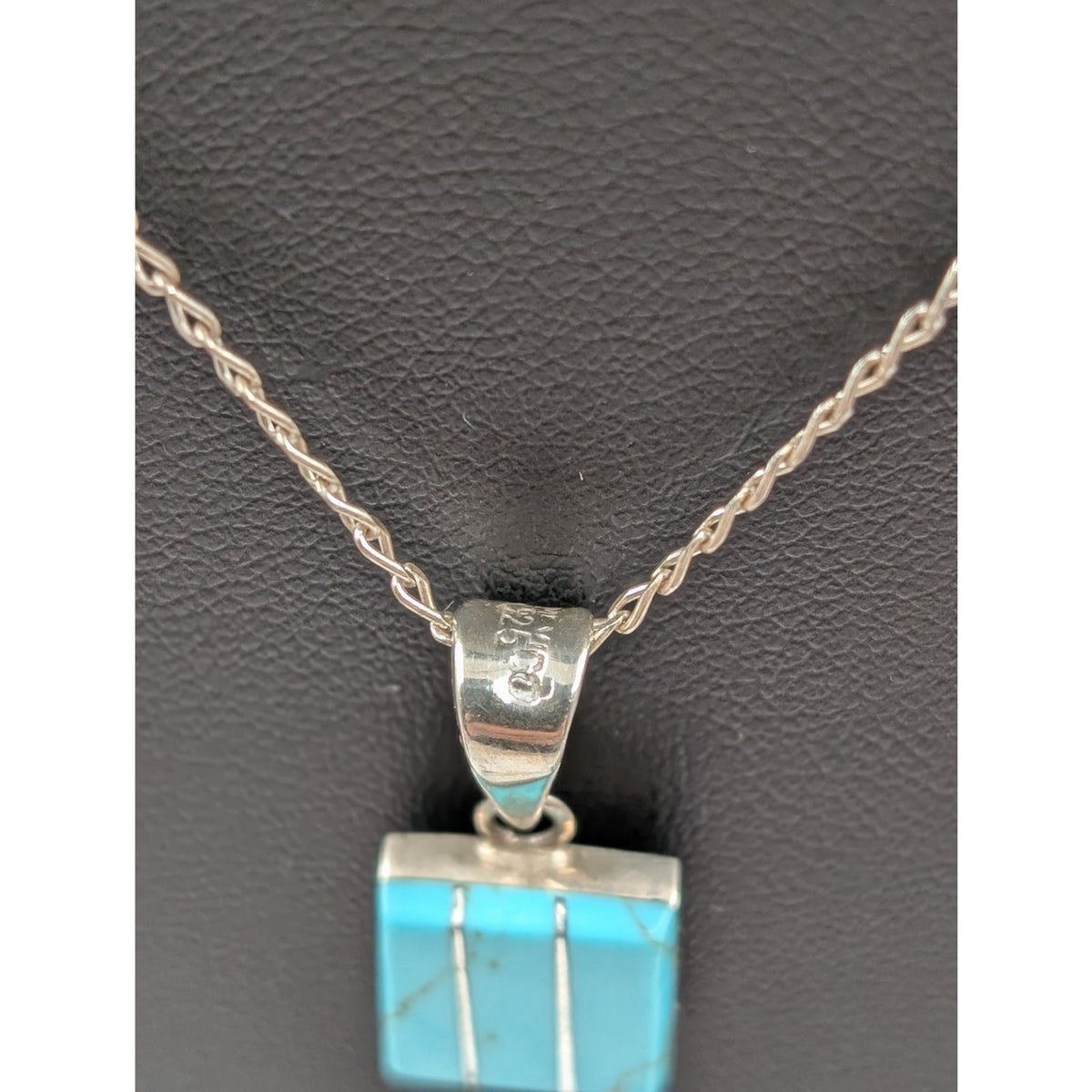 Vtg 925 Sterling Silver Zuni Turquoise Silver Inlay Pendant 16" Chain Necklace
