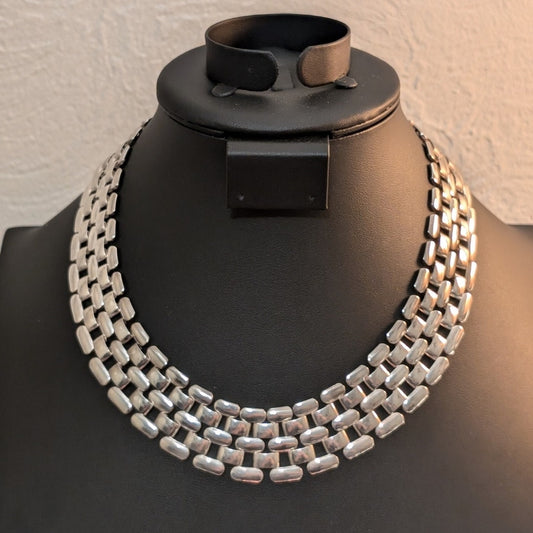 Vintage Silver Tone Basket Weave Rhodium Plated 1" Wide Choker 18" Necklace