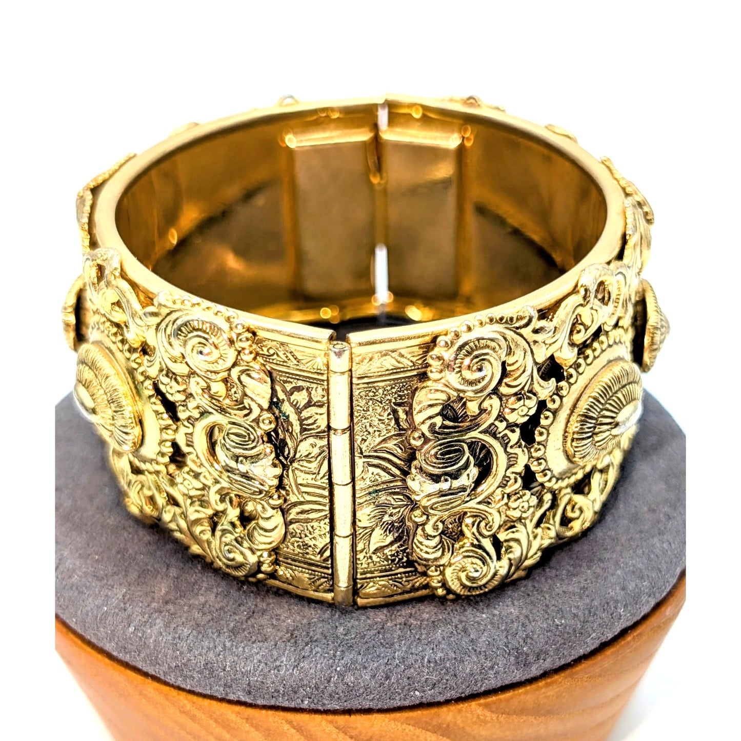 Vintage Victorian Revival Repousse Hinged Gold Tone Estate Bangle