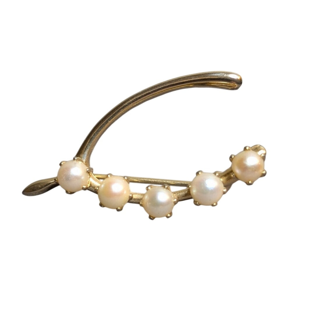 Vintage Goldtone Faux Pearl Wishbone Brooch