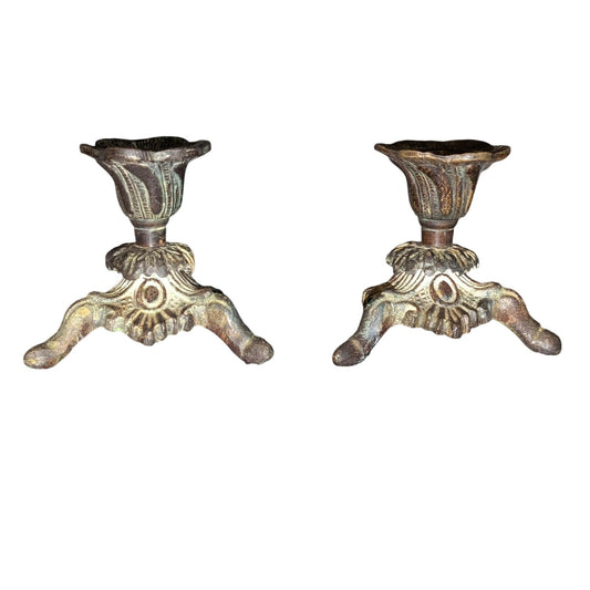 Vintage/Antique Pr. French Gilt Bronze Metal Patina Petite Candle Holders
