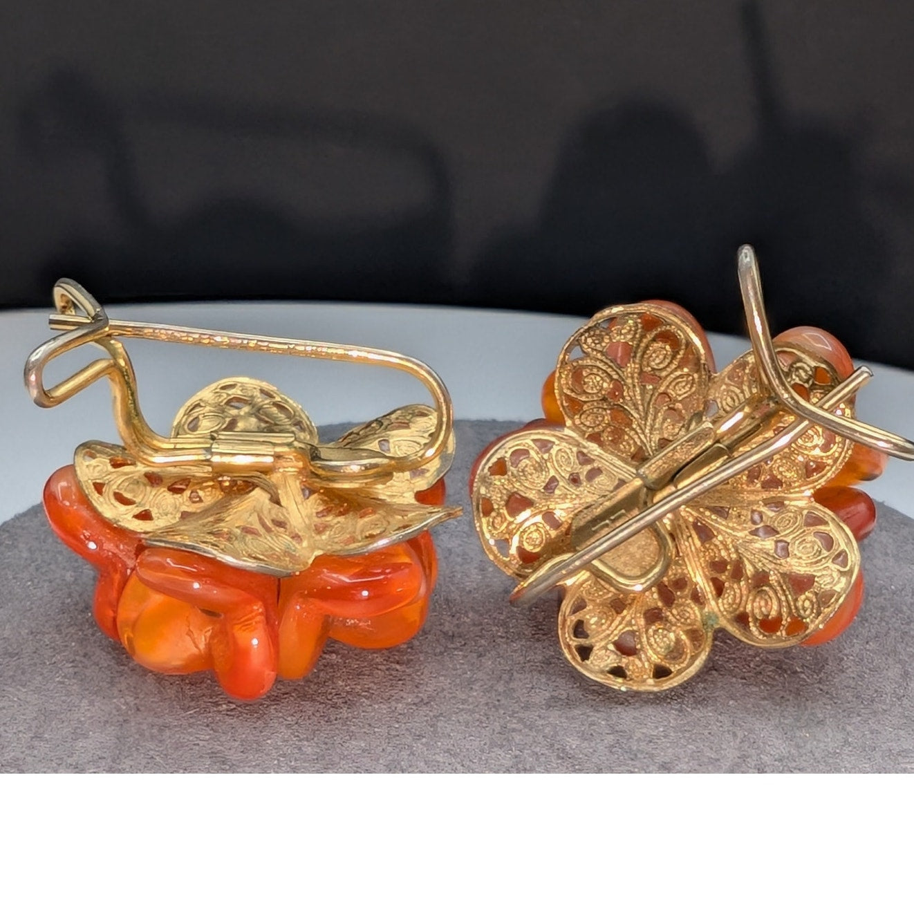 Rare! Judith McCann Mid-Century Modern Orange Glass Flower Wingback Earrings
