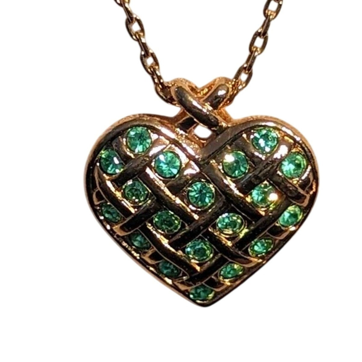 AVON Vintage Green Crystal Latticed Heart Pendant Necklace