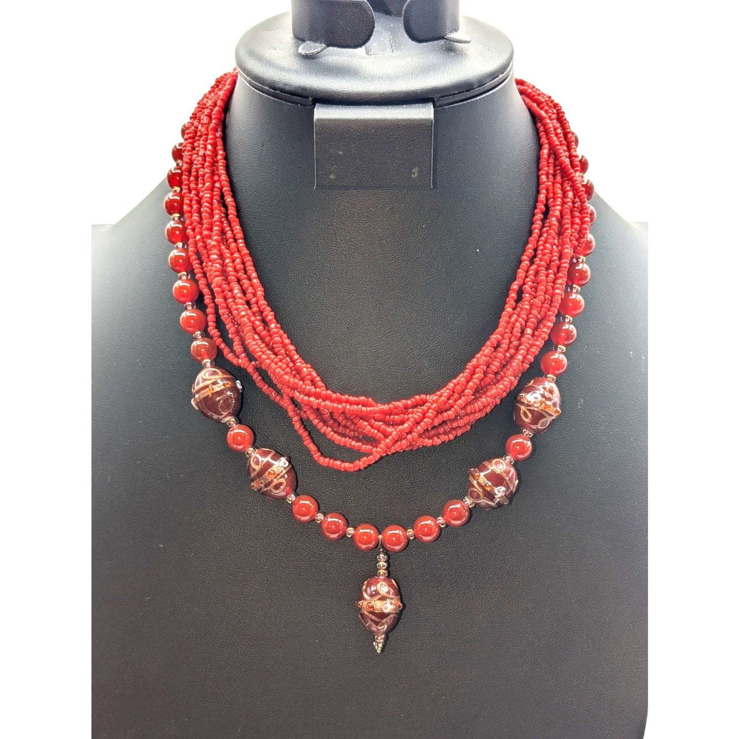 Lot of Boho Cranberry/Brick Color Beaded Necklaces & Earrings