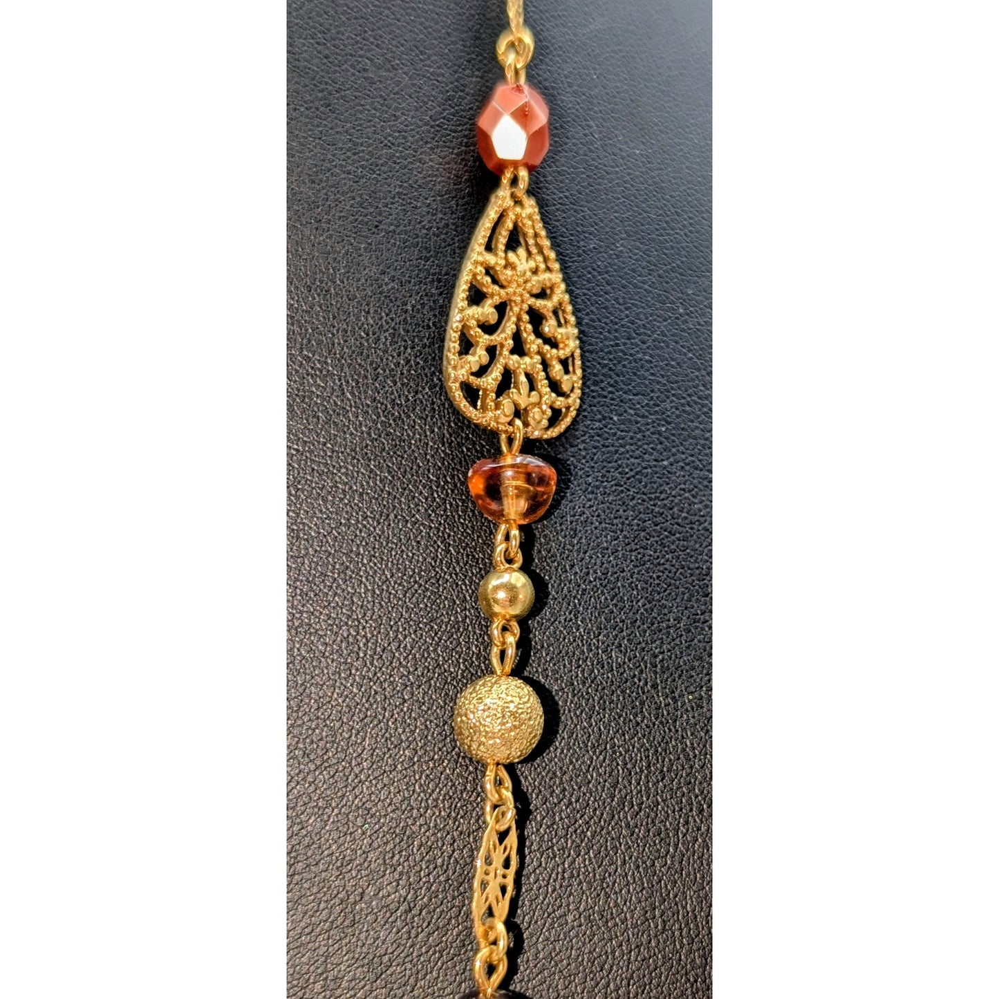 Avon Gold Tone Filigree Metallic Glass Warm Tone Beaded Station Chain Necklace
