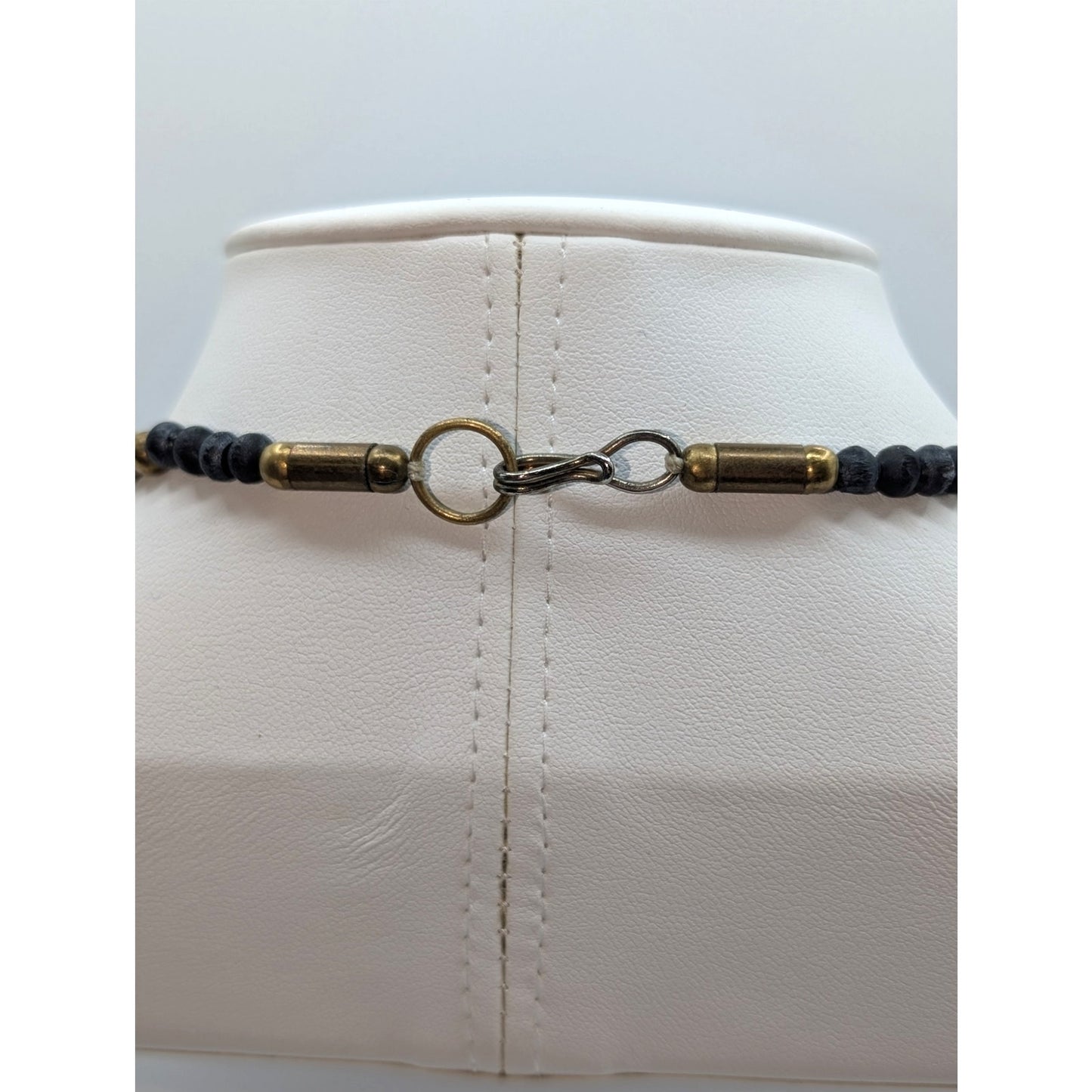 Vtg Tribal Black & Brass Striped Beaded Chunky Necklace & One Matching Earring