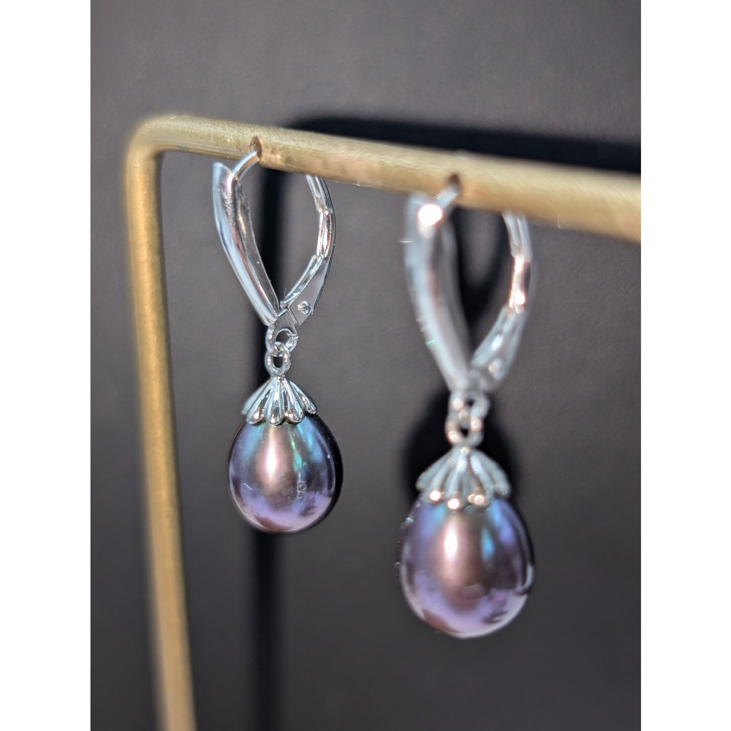 925 Sterling Silver Genuine Purple Teardrop Pearl Lever Back Earrings