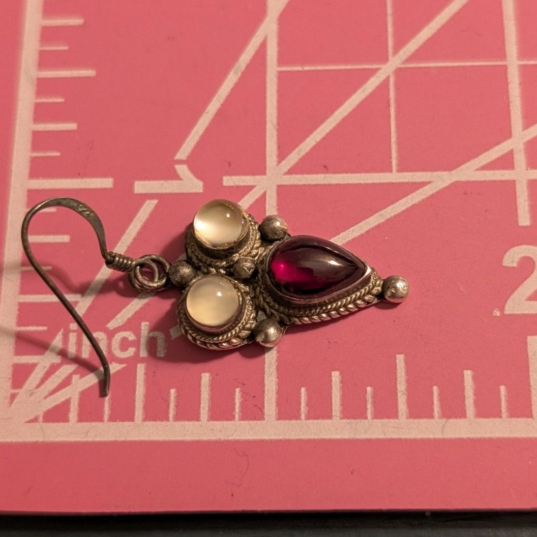VTG Garnet (January Birthstone)  & Quartz 925 Sterling Silver Dangle Earrings