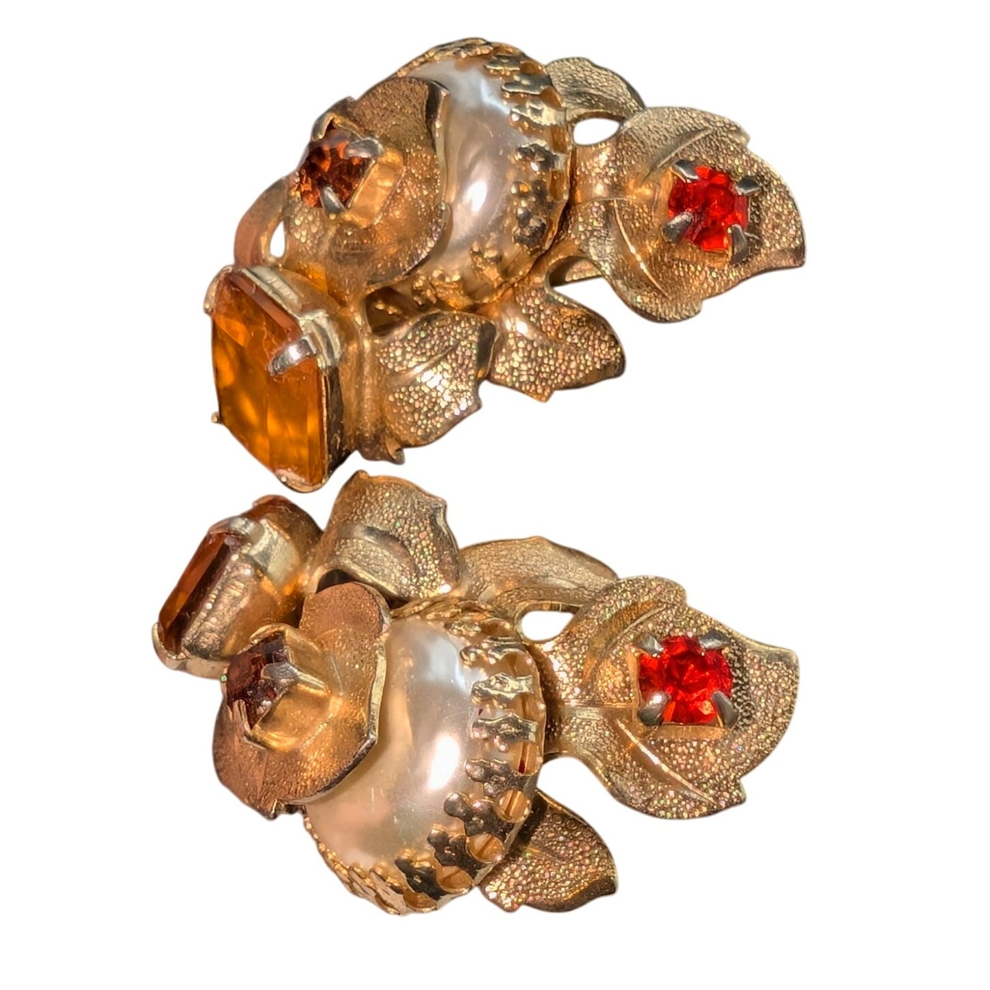 Vtg Unsigned Colors of Fall Rhinestone Faux Pearl 3D Gold Tone Clip On Earrings