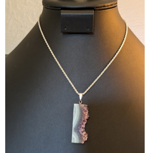 925 Sterling Amethyst Slice Crystal Pendant on Sterling Silver Rope Chain