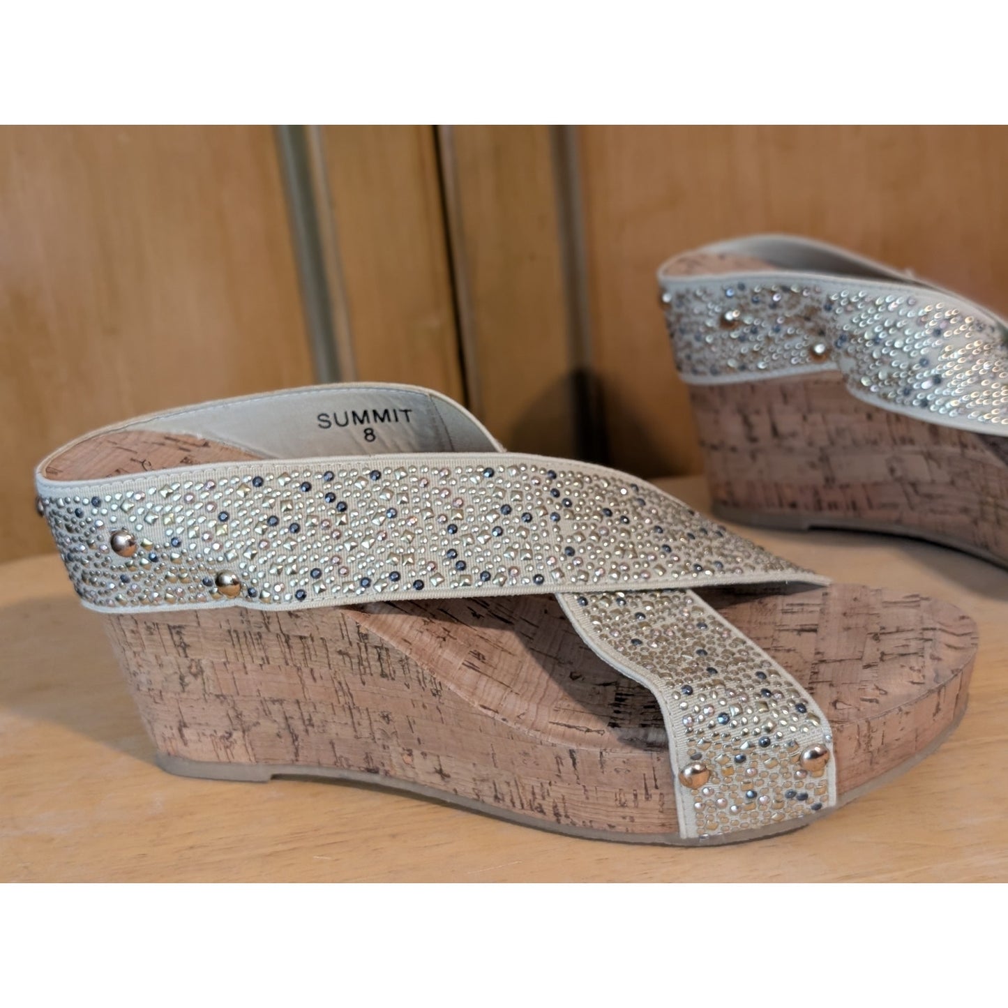 Corkys Summit Metallic Studs Criss Cross Wedge Open Toe Sandals Size 8