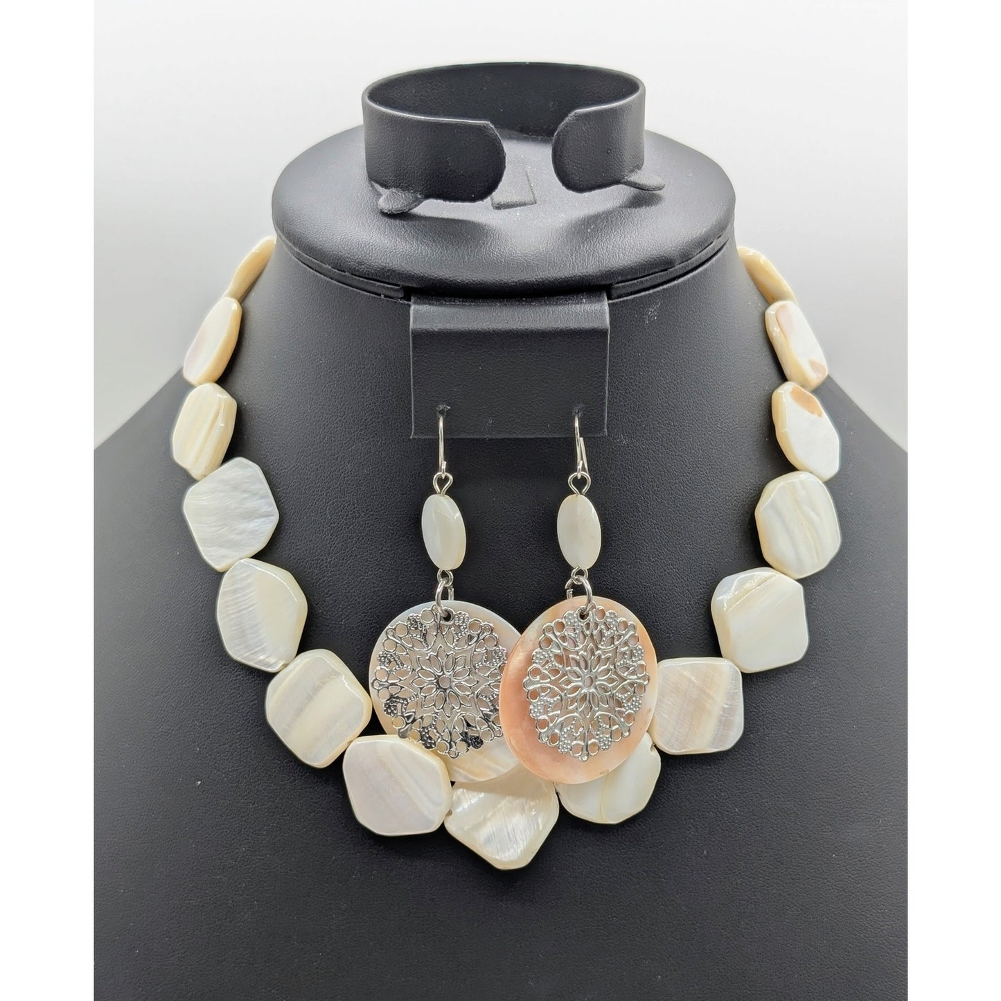 Vintage MCM Mother of Pearl 17" Necklace & Dangle Earring Jewelry Set