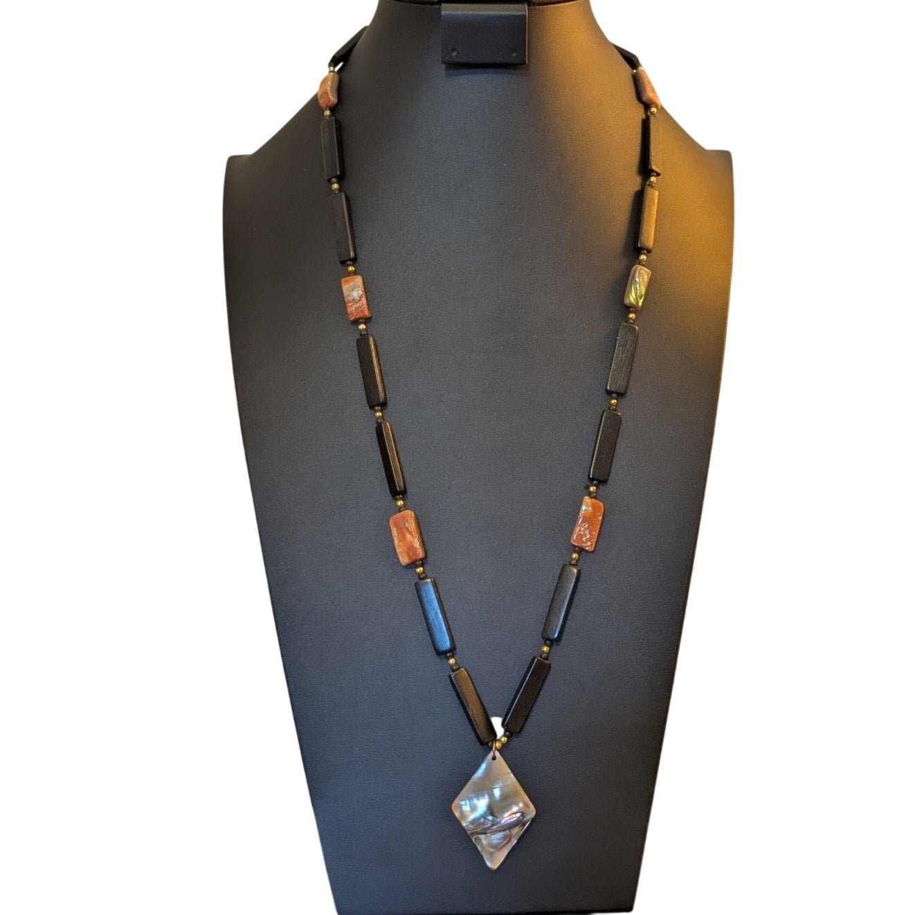 Vintage Abalone Shell Pendant Wooden Bead Shell Spacer Bead Necklace