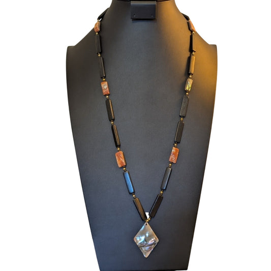Vintage Abalone Shell Pendant Wooden Bead Shell Spacer Bead Necklace