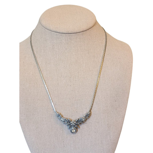 Avon Art Deco Style Silver Plated Metal Marcasite Stone Floral Choker Necklace